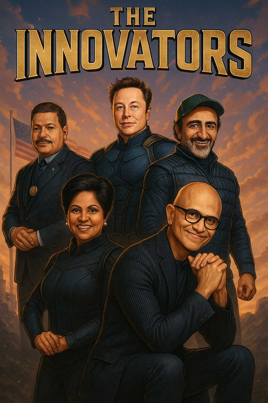 Vertical poster variation of The Innovators with the five leaders in a cinematic layout
